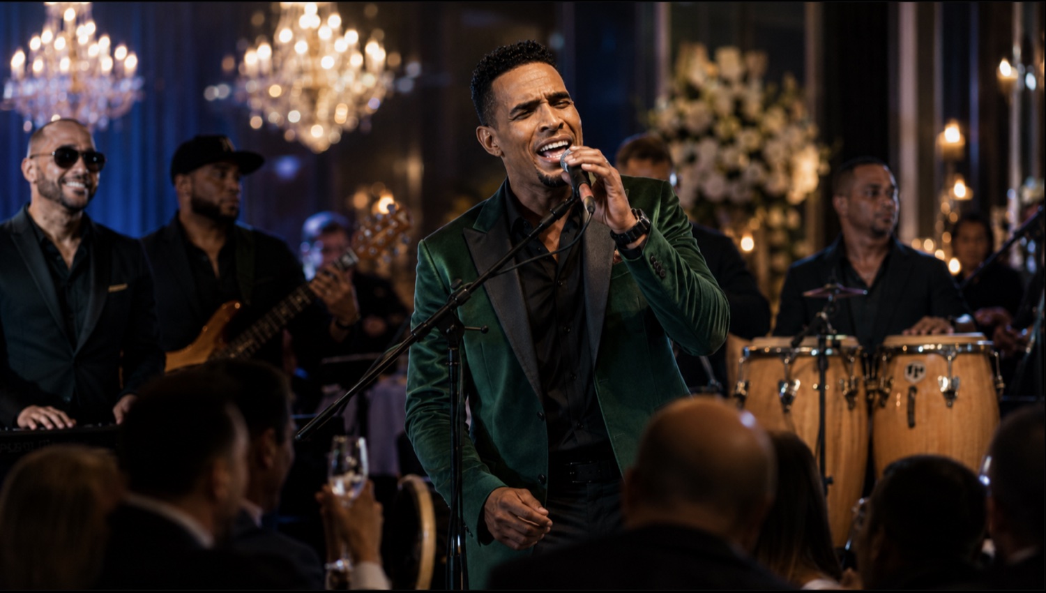 Charlie Pe cantando con su banda en una cena de gala bajo arañas de cristal, con invitados sentados en primer plano, vestido con blazer de terciopelo verde