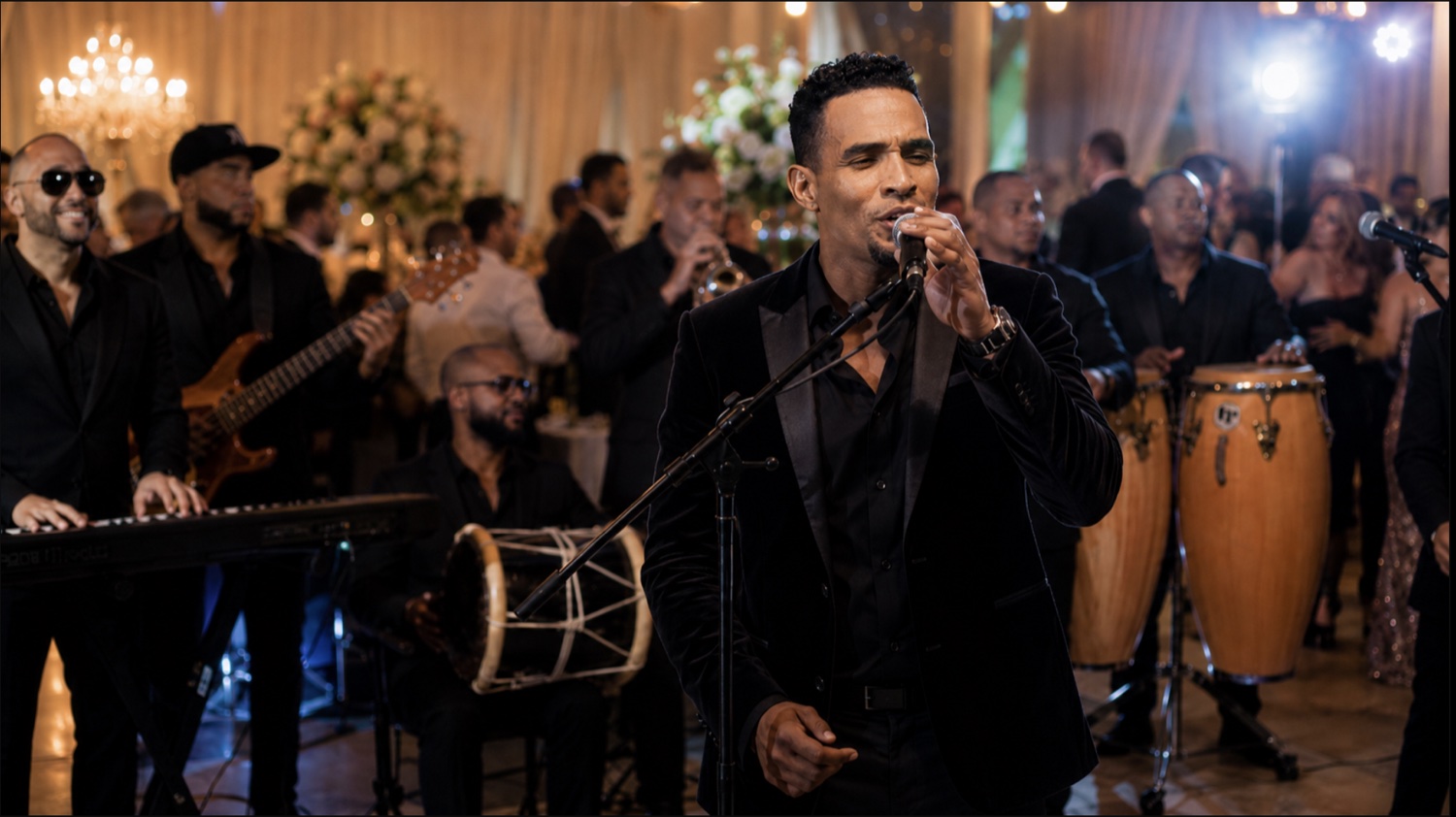 Charlie Pe cantando con su banda en vivo en un salón de baile con arañas de cristal y arreglos florales blancos, vestido con esmoquin negro